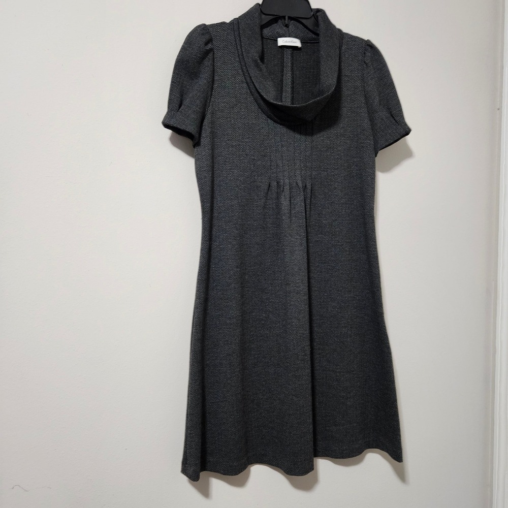 Calvin Klein Grey Herringbone Cowl Neck Empire Waist Short Sleeve Dress